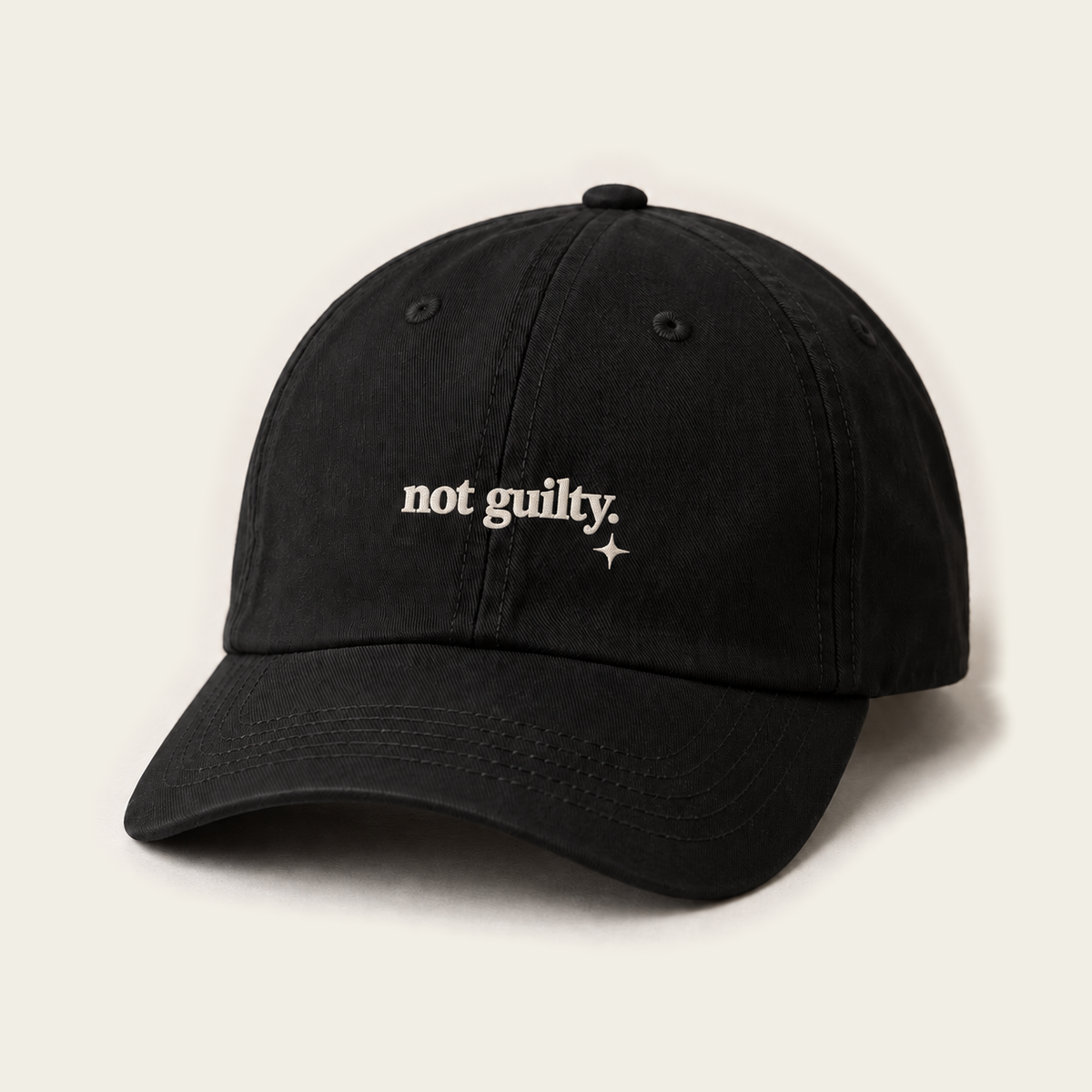 Digital design concept using original bold not guilty. lettering; not a production sample.