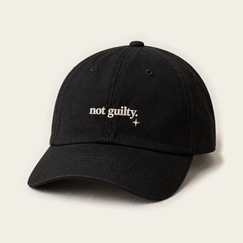 Digital design concept using original bold not guilty. lettering; not a production sample.