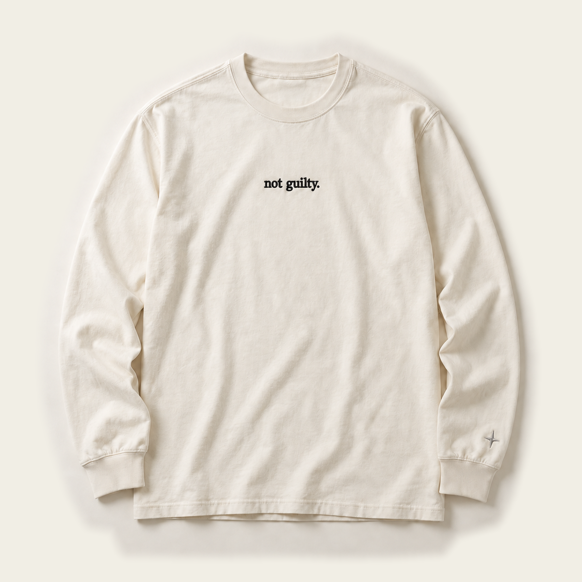 Digital design concept using original bold not guilty. lettering; not a production sample.