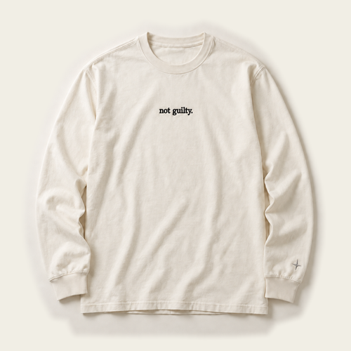 Digital design concept using original bold not guilty. lettering; not a production sample.