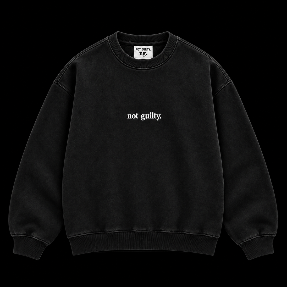 not guilty. Signature Crewneck black on black background