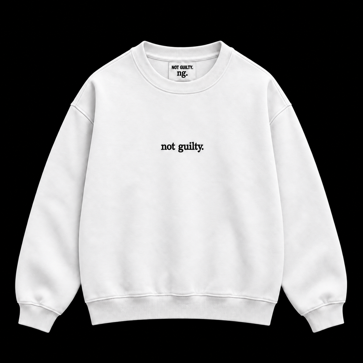 not guilty. Signature Crewneck white on black background